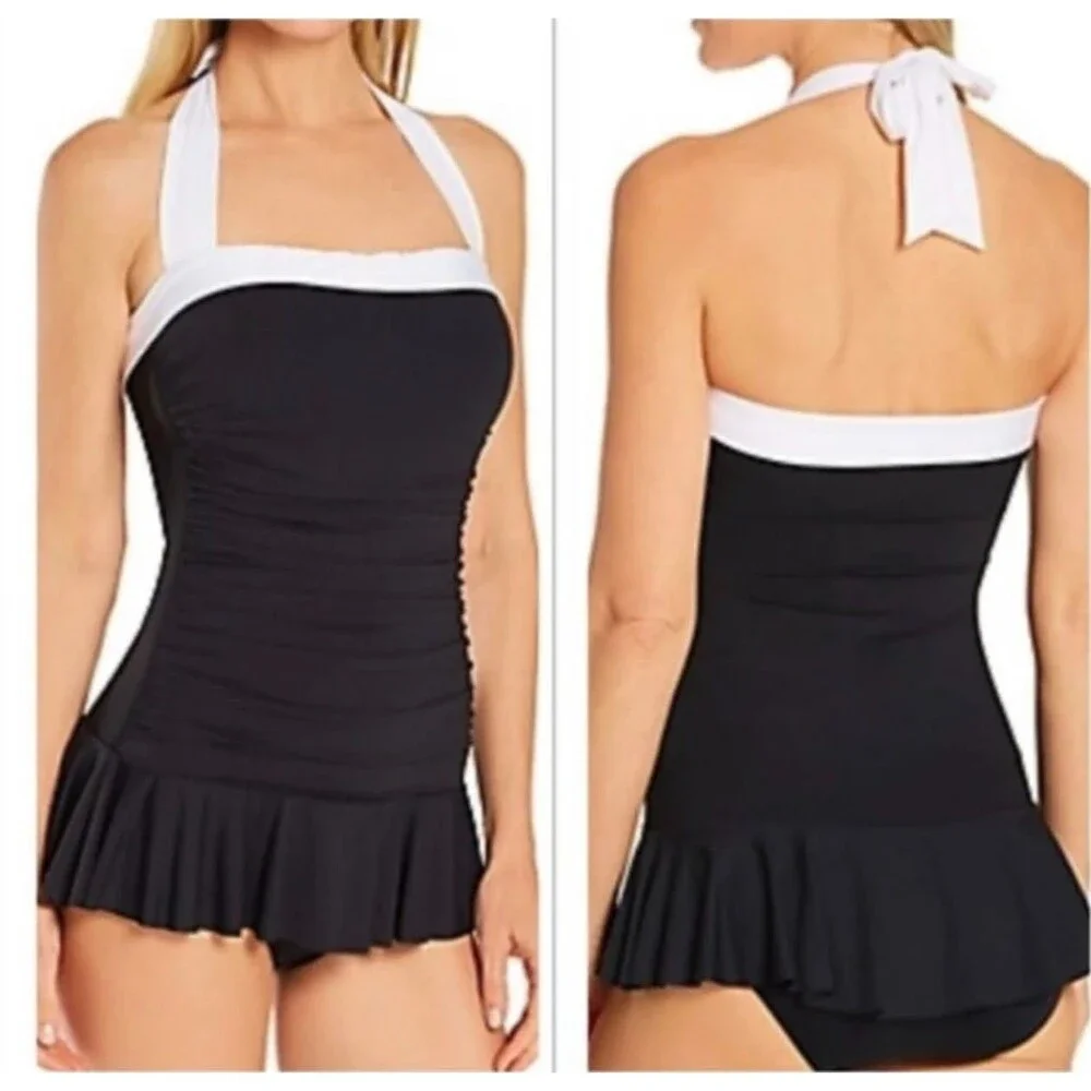 Lauren Ralph Lauren One Piece Swimsuit Halter Ruffle Skirt Size 10 Black & White - Picture 4 of 9